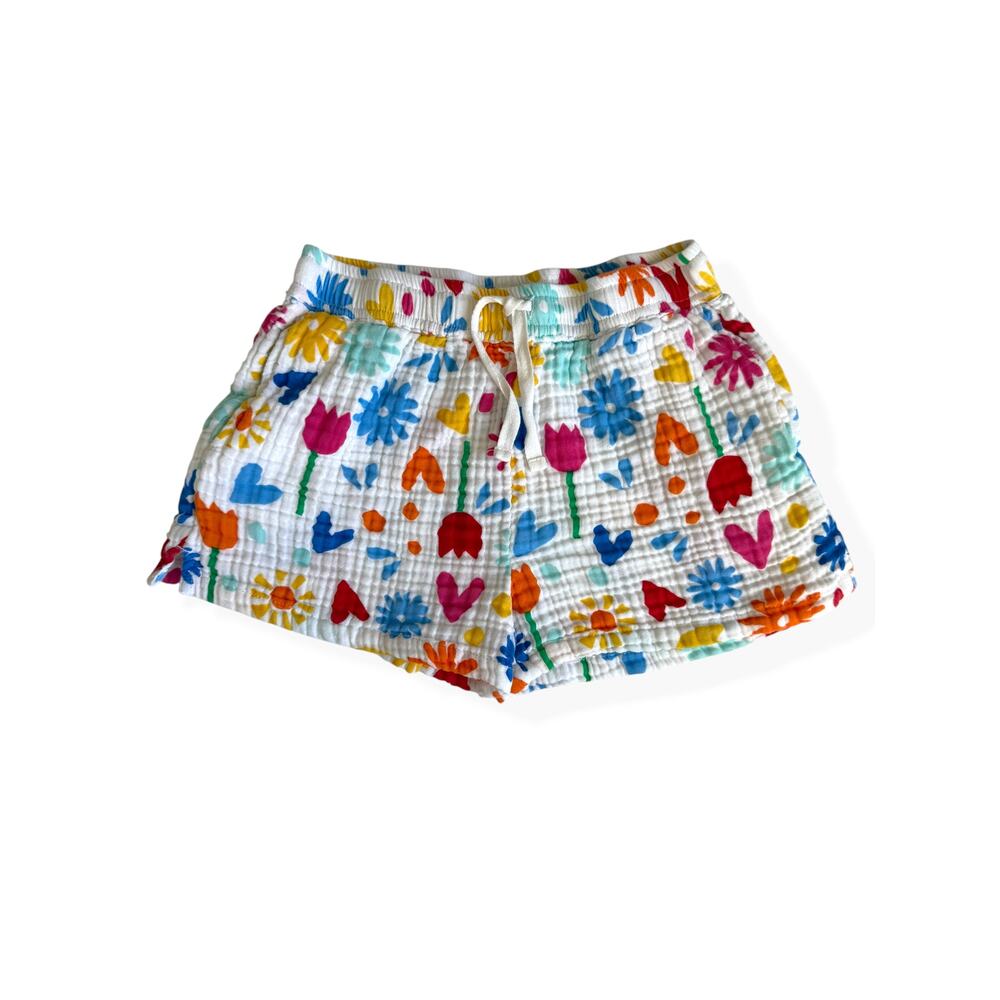 Primary Girls Cotton Gauze White Shorts Colorful Flowers Hearts Summer 8-9